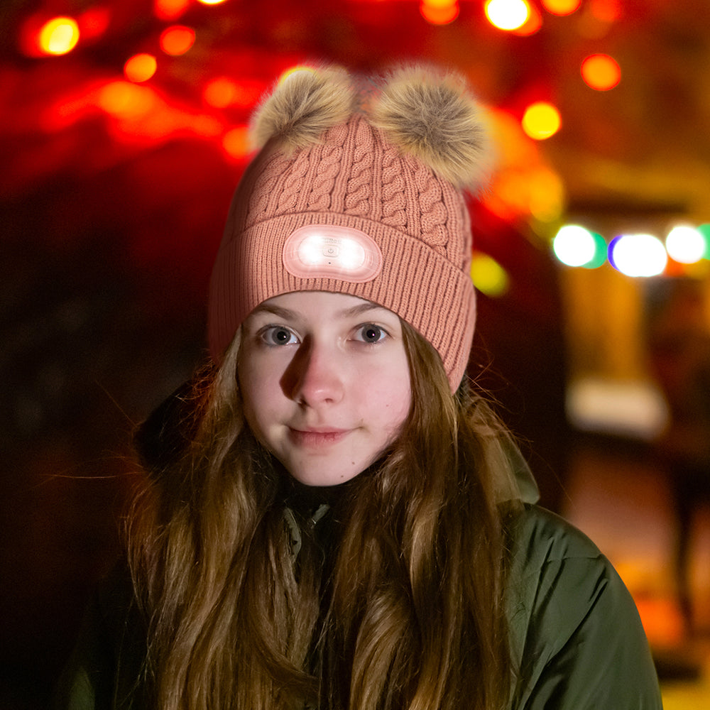 Kids Pom Pom LED Beanie - Blush