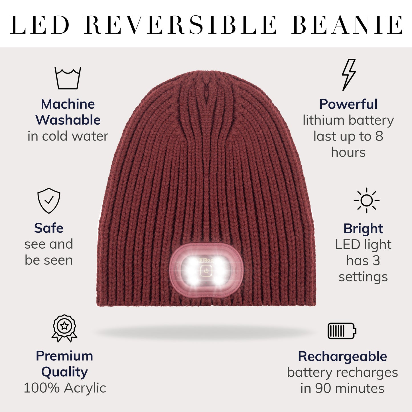 Reversible Knit LED Beanie - Wine