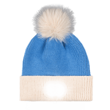 Load image into Gallery viewer, Pom Pom Beanie - Blue - Tan Brim
