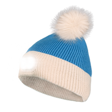 Load image into Gallery viewer, Pom Pom Beanie - Blue - Tan Brim
