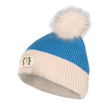 Load image into Gallery viewer, Pom Pom Beanie - Blue - Tan Brim
