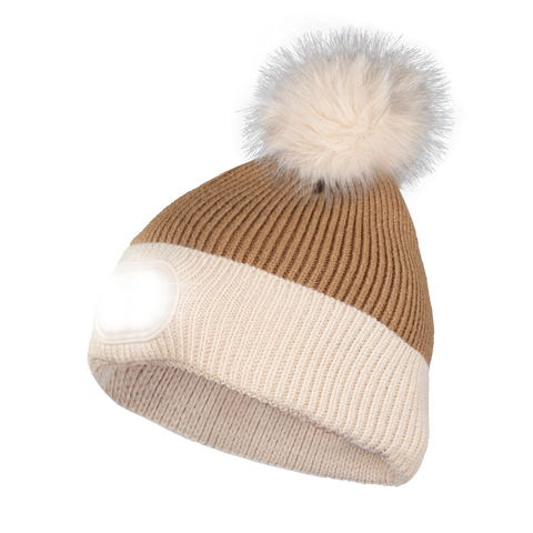 Pom Pom Beanie - Brown - Tan Brim