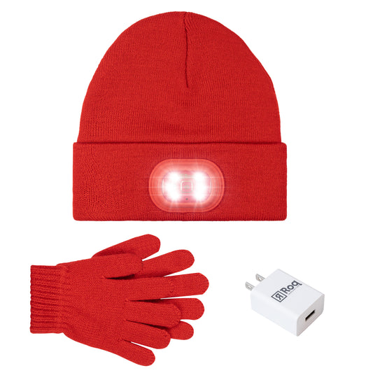 Kids Led Beanie & Glove Beanie Set - Red