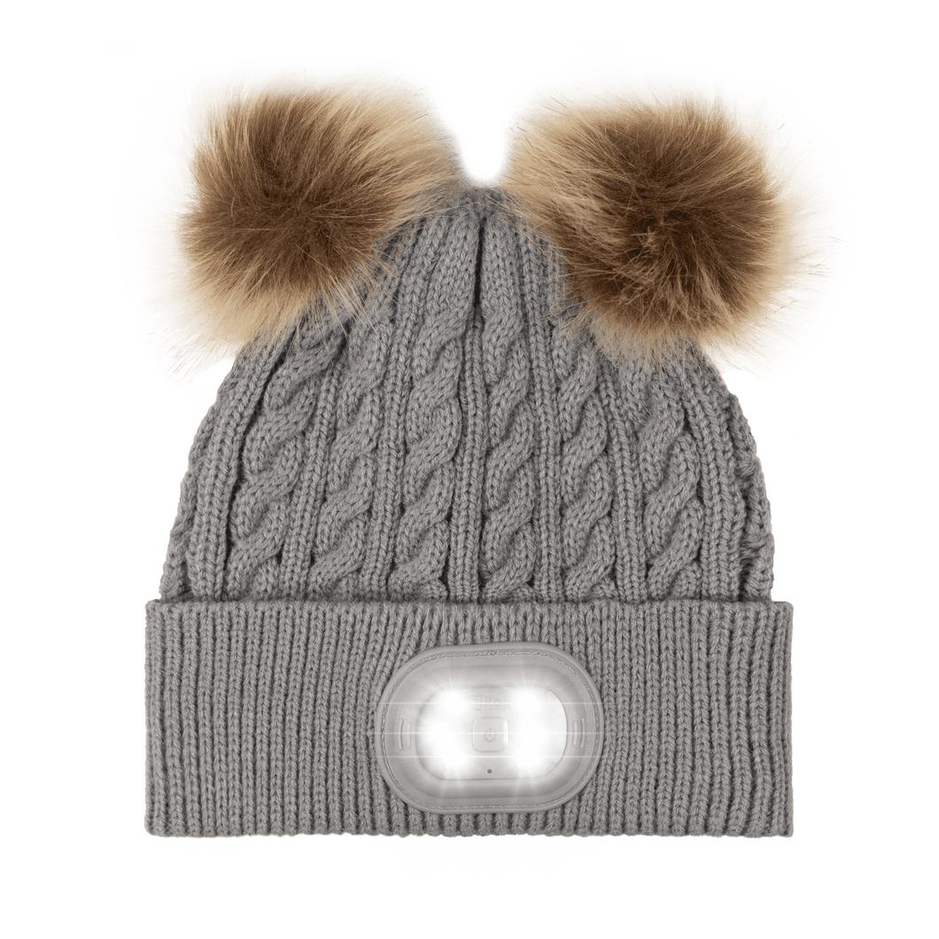 Kids Pom Pom Led Beanie - Gray