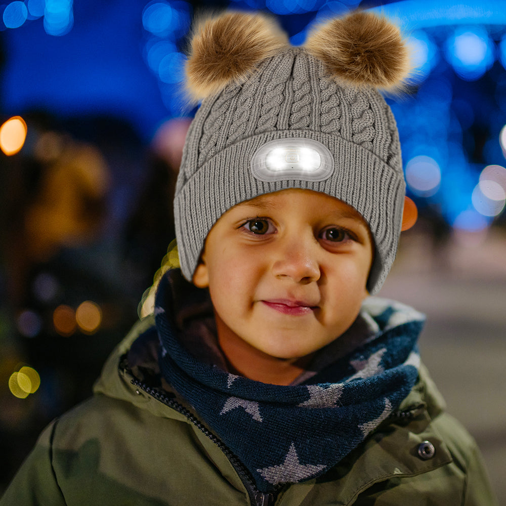 Kids Pom Pom Led Beanie - Gray